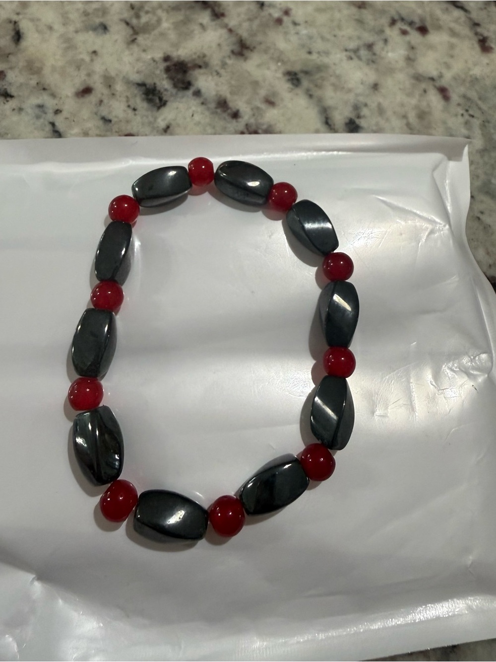 Source Unknown Hematite and Red Bead Stretch Bracelet